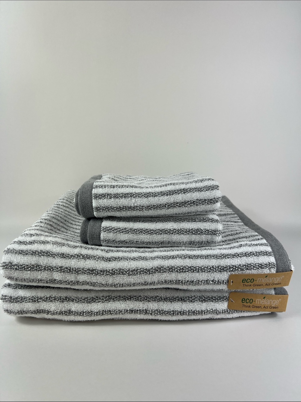 Eco Melange Bath Towels Light Gray & White Striped Soft Cotton Set of 4 NEW